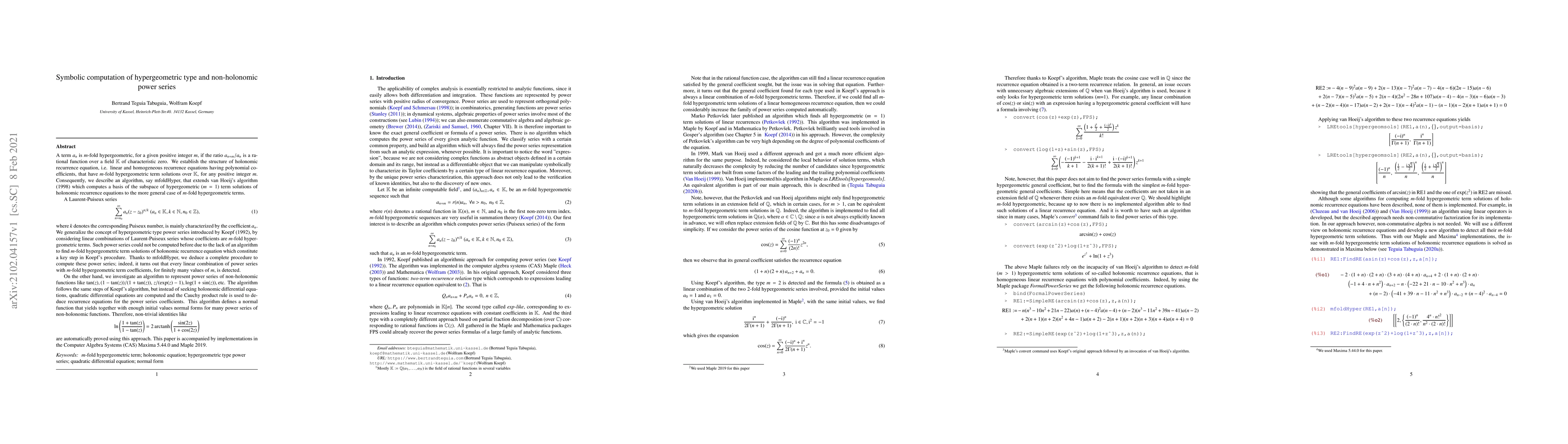 Thumbnail for Symbolic computation of hypergeometric type and non-holonomic power
  series