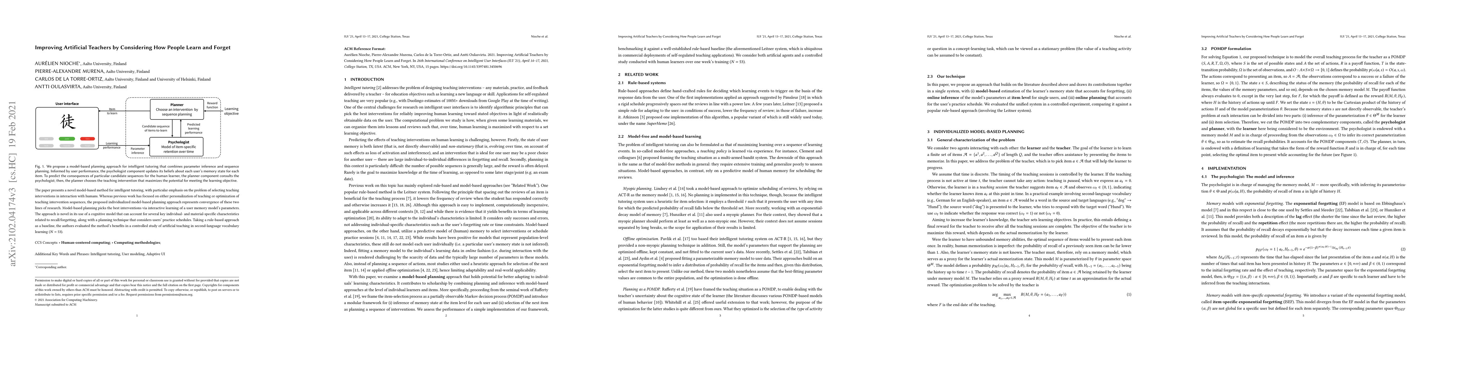 Thumbnail for Improving Artificial Teachers by Considering How People Learn and Forget