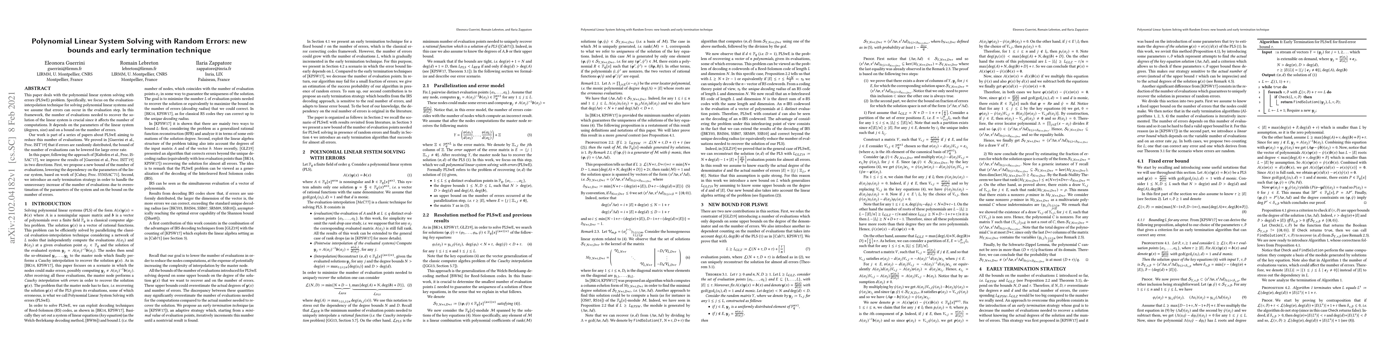 Thumbnail for Polynomial Linear System Solving with Random Errors: new bounds and
  early termination technique