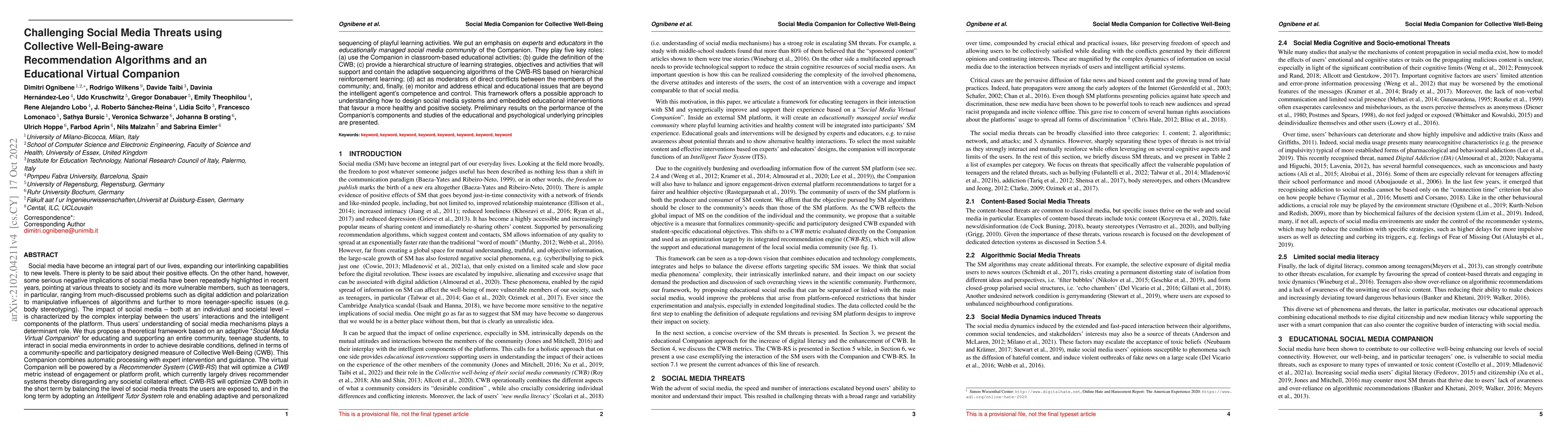 Thumbnail for Challenging Social Media Threats using Collective Well-being Aware
  Recommendation Algorithms and an Educational Virtual Companion