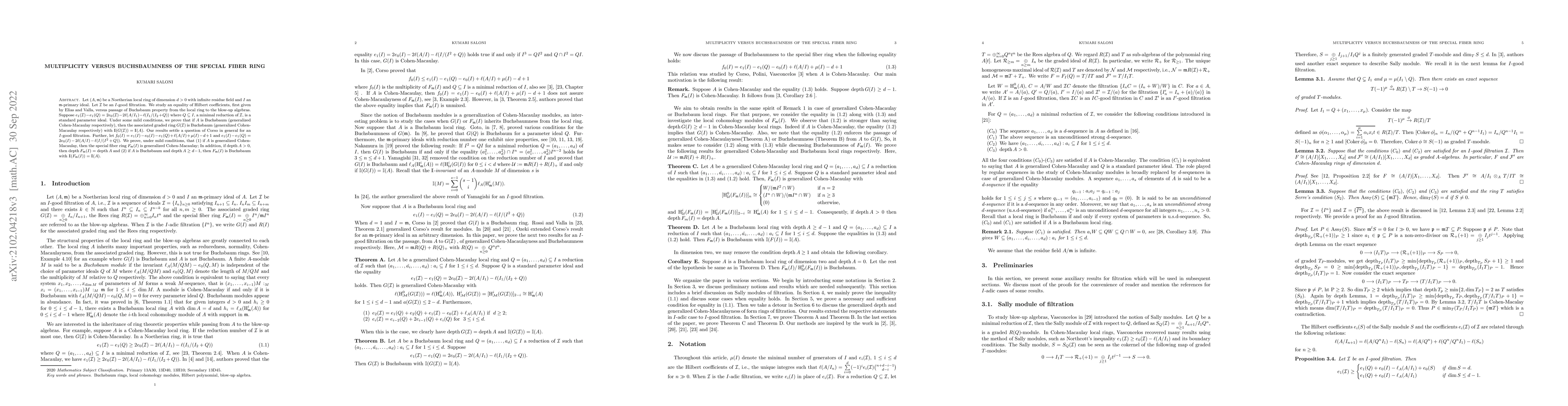 Thumbnail for Multiplicity Versus Buchsbaumness of the special fiber cone