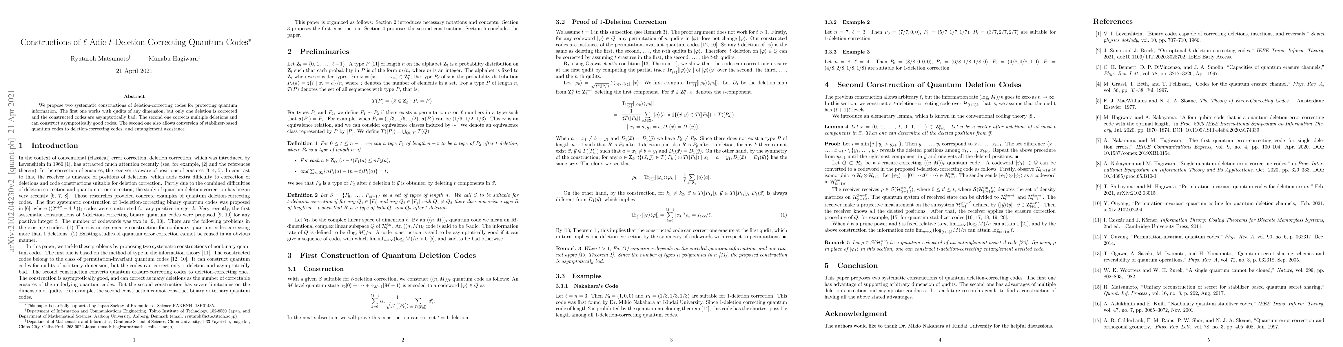 Thumbnail for Constructions of $\ell$-Adic $t$-Deletion-Correcting Quantum Codes
