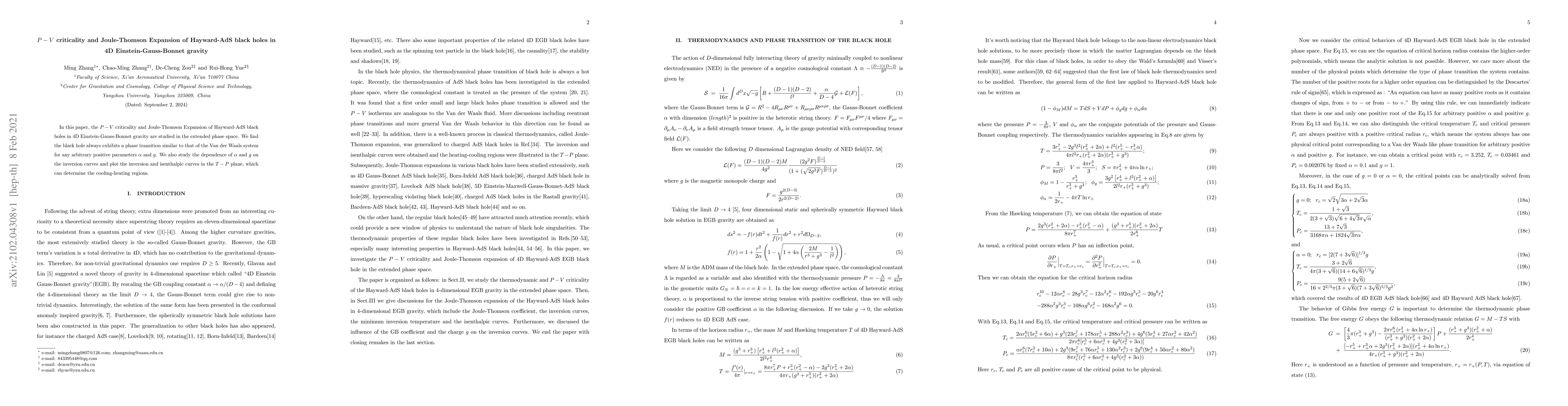 Thumbnail for $P-V$ criticality and Joule-Thomson Expansion of Hayward-AdS black holes
  in 4D Einstein-Gauss-Bonnet gravity