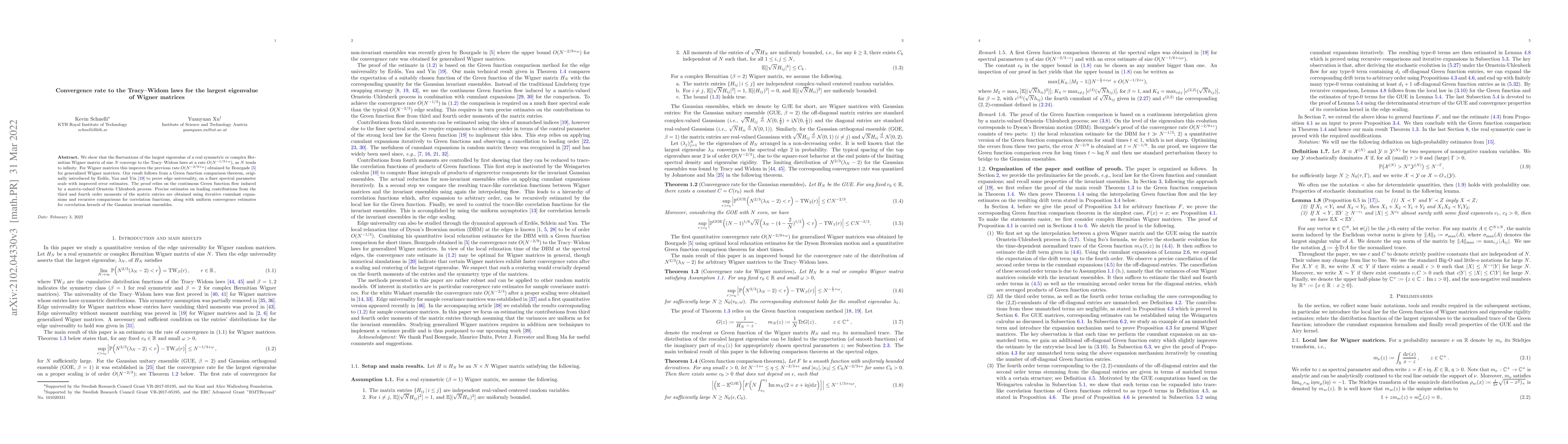 Thumbnail for Convergence rate to the Tracy-Widom laws for the largest eigenvalue of
  Wigner matrices