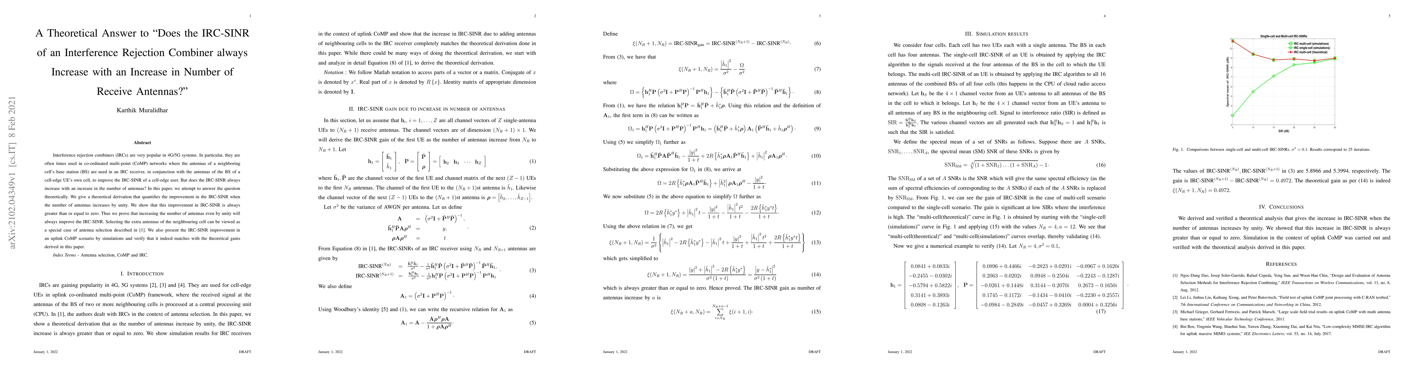 Thumbnail for A Theoretical Answer to "Does the IRC-SINR of an Interference Rejection
  Combiner always Increase with an Increase in Number of Receive Antennas?"