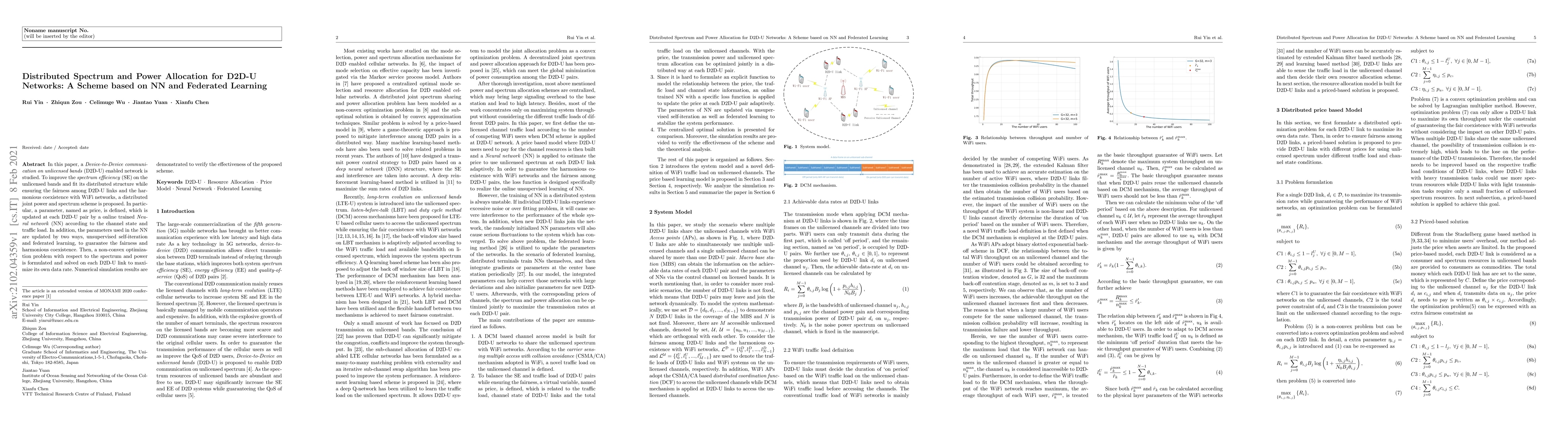 Thumbnail for Distributed Spectrum and Power Allocation for D2D-U Networks: A Scheme
  based on NN and Federated Learning