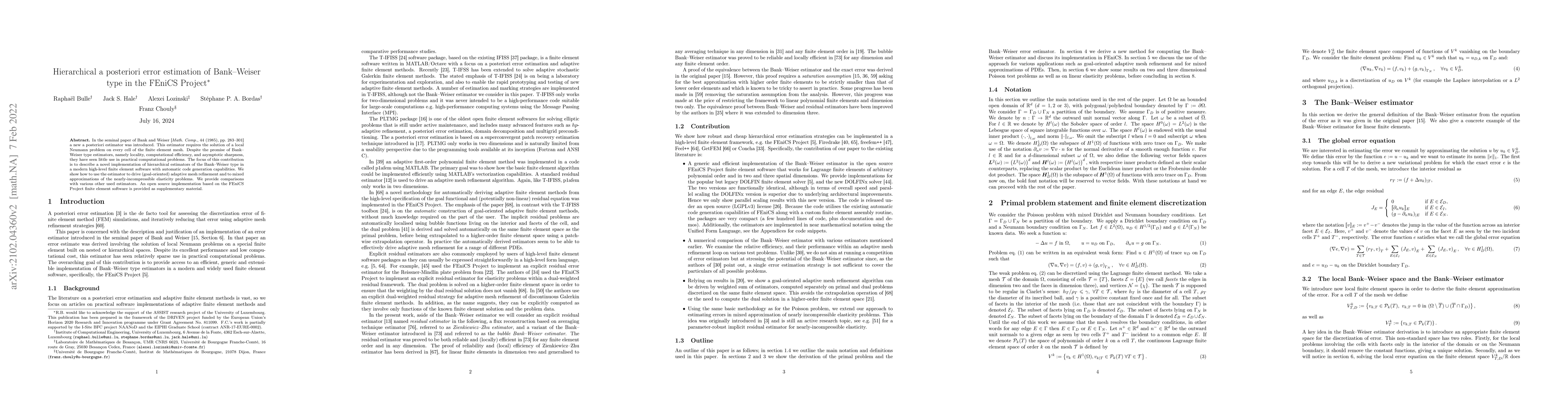 Thumbnail for Hierarchical a posteriori error estimation of Bank-Weiser type in the
  FEniCS Project