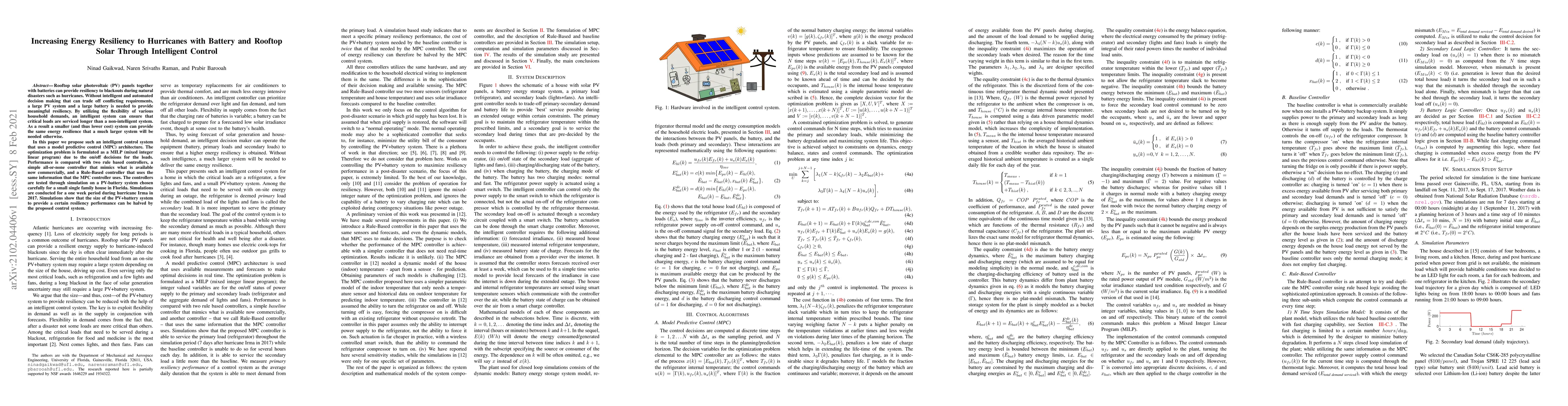 Thumbnail for Increasing Energy Resiliency to Hurricanes with Battery and Rooftop
  Solar Through Intelligent Control