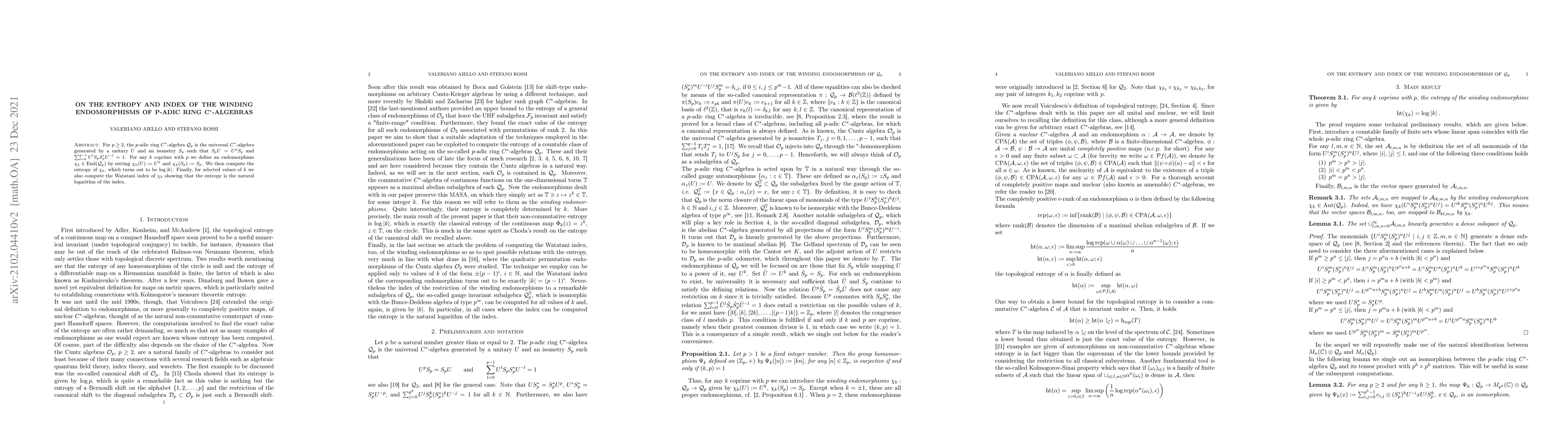 Thumbnail for On the entropy and index of the winding endomorphisms of p-adic ring
  C$^*$-algebras