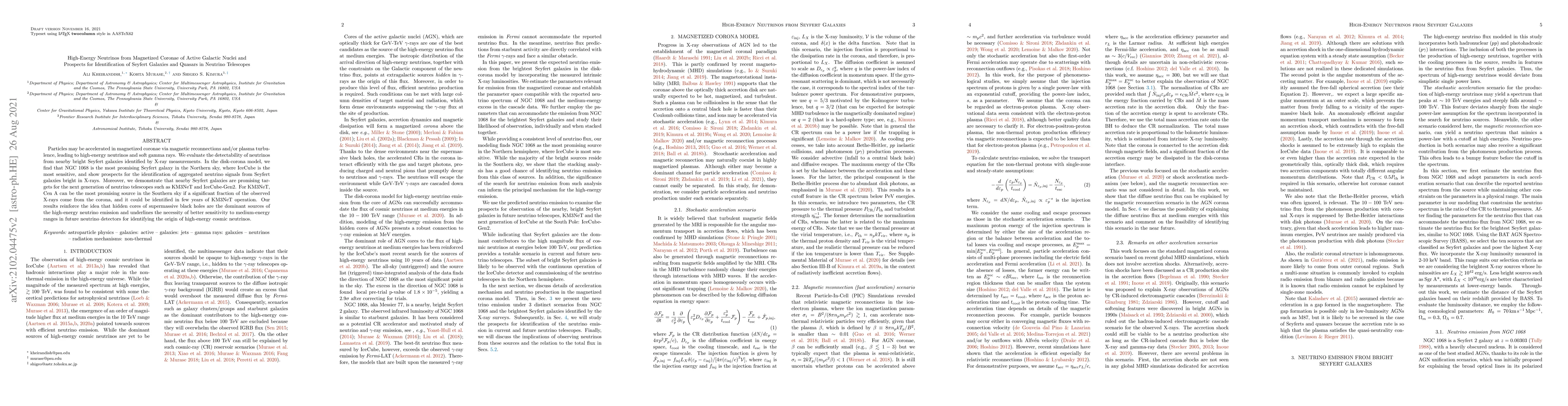 Thumbnail for High-Energy Neutrinos from Magnetized Coronae of Active Galactic Nuclei
  and Prospects for Identification of Seyfert Galaxies and Quasars in Neutrino
  Telescopes