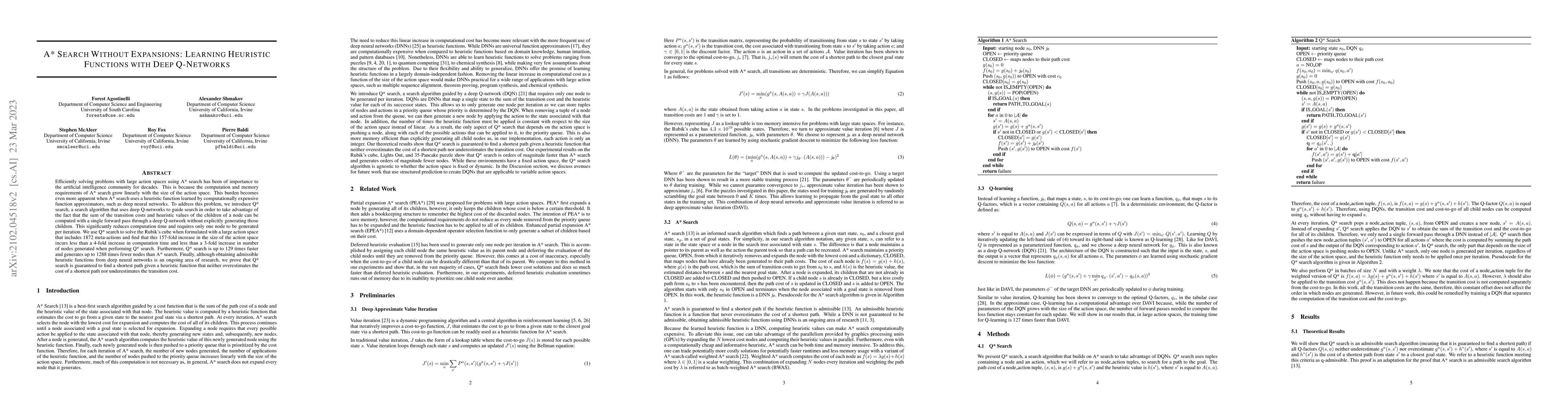 Thumbnail for A* Search Without Expansions: Learning Heuristic Functions with Deep
  Q-Networks