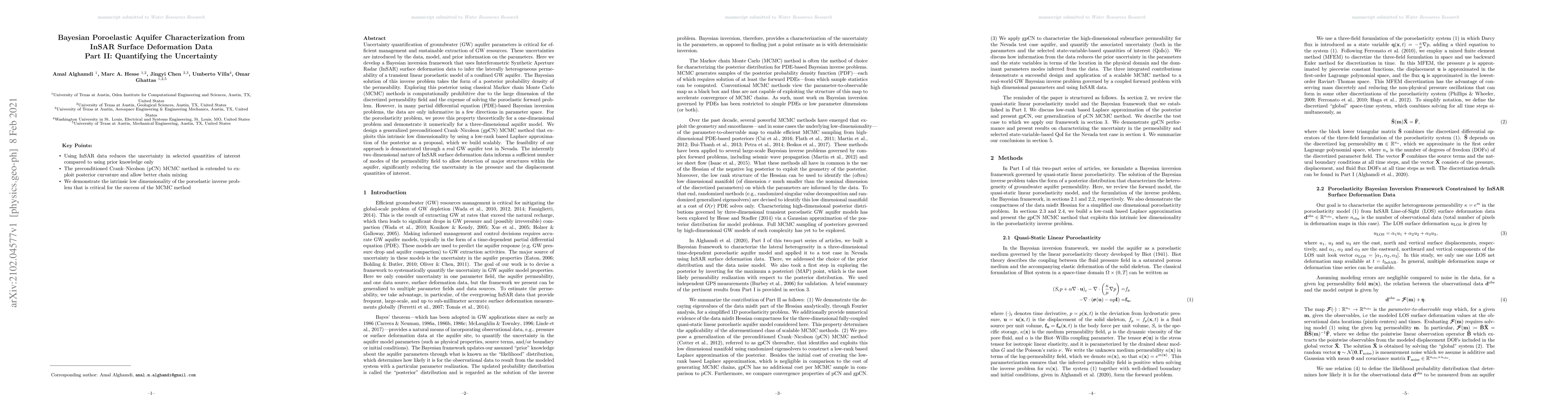 Thumbnail for Bayesian Poroelastic Aquifer Characterization from InSAR Surface
  Deformation Data Part II: Quantifying the Uncertainty