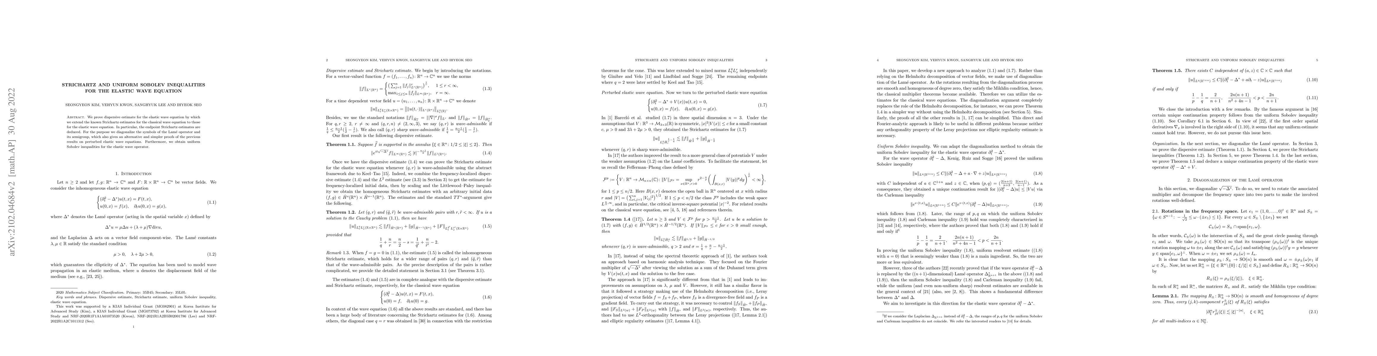 Thumbnail for Strichartz and uniform Sobolev inequalities for the elastic wave
  equation