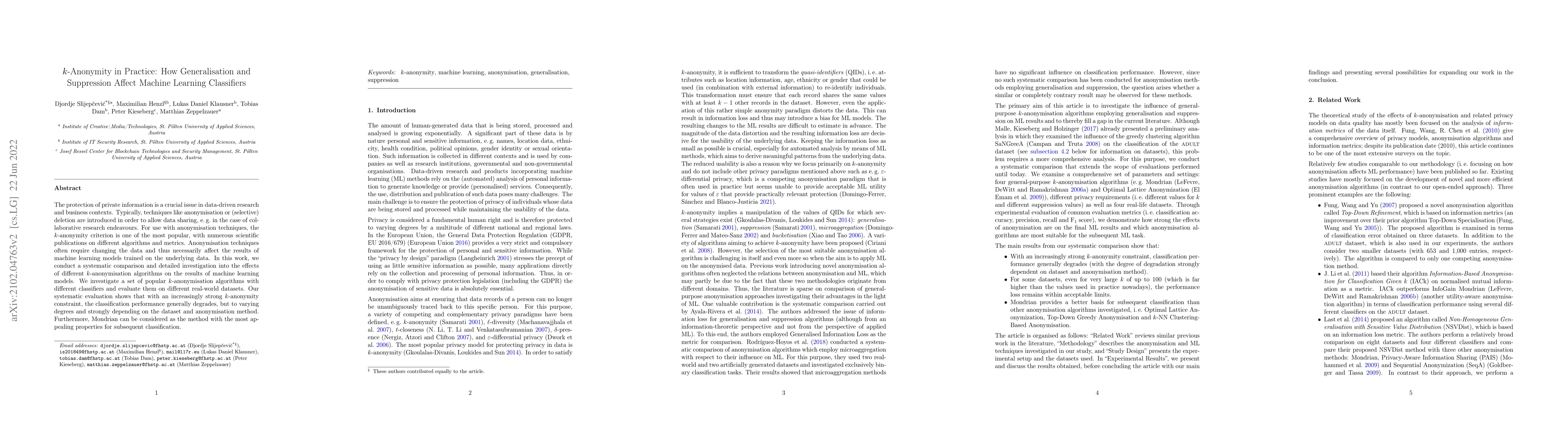 Thumbnail for $k$-Anonymity in Practice: How Generalisation and Suppression Affect
  Machine Learning Classifiers