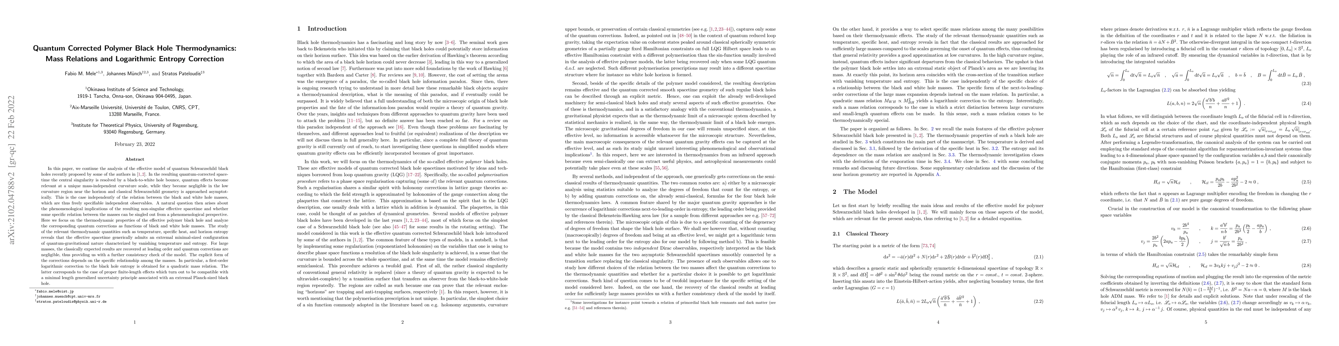 Thumbnail for Quantum Corrected Polymer Black Hole Thermodynamics: Mass Relations and
  Logarithmic Entropy Correction