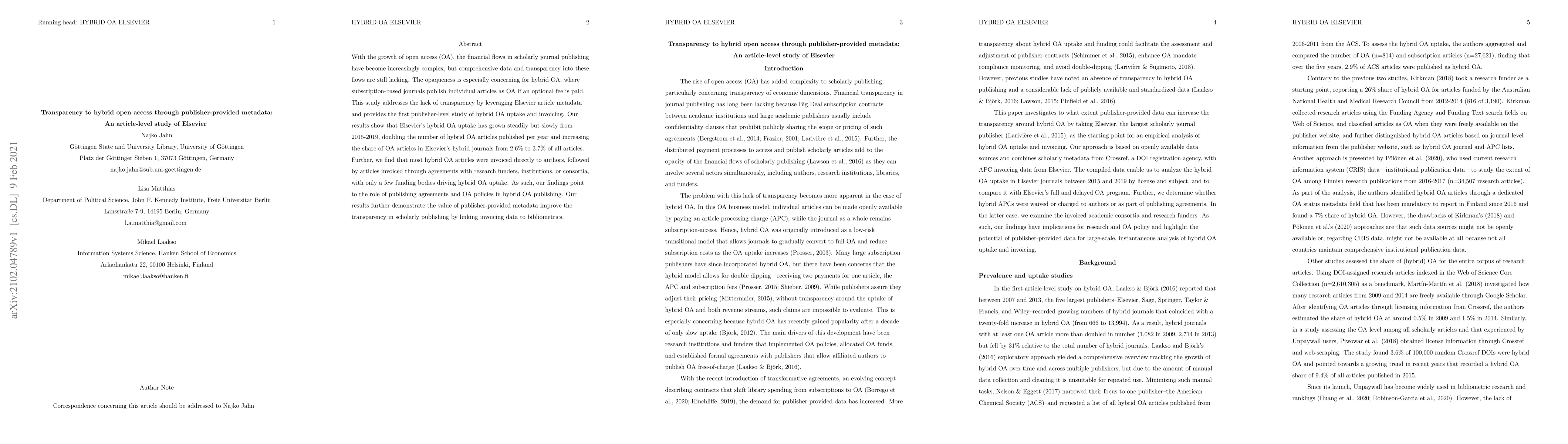 Thumbnail for Transparency to hybrid open access through publisher-provided metadata:
  An article-level study of Elsevier