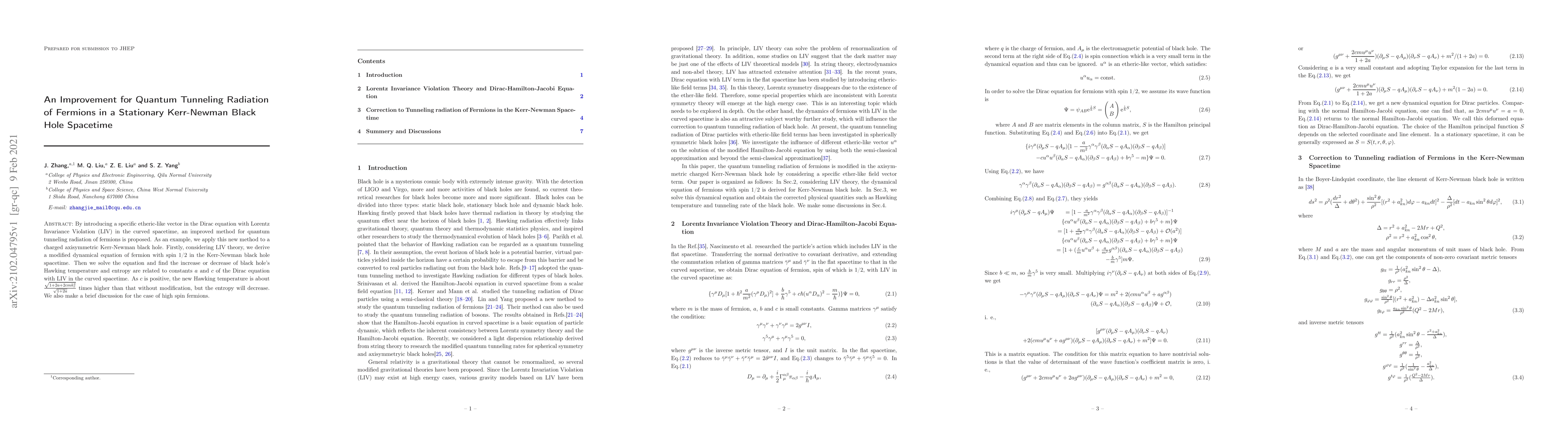 Thumbnail for An Improvement for Quantum Tunneling Radiation of Fermions in a
  Stationary Kerr-Newman Black Hole Spacetime
