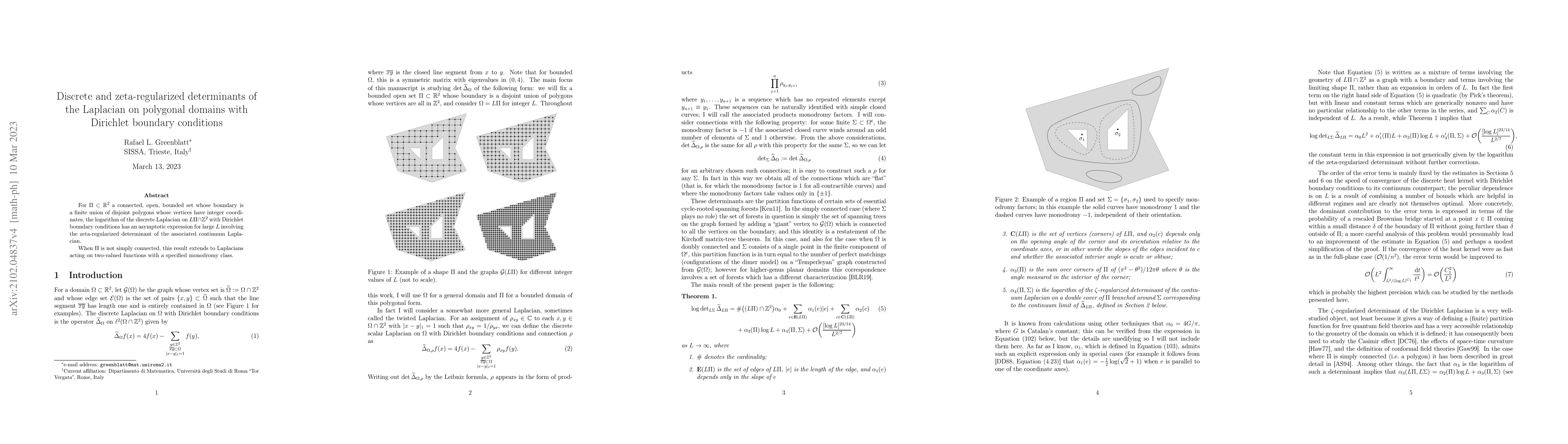 Thumbnail for Discrete and zeta-regularized determinants of the Laplacian on polygonal
  domains with Dirichlet boundary conditions