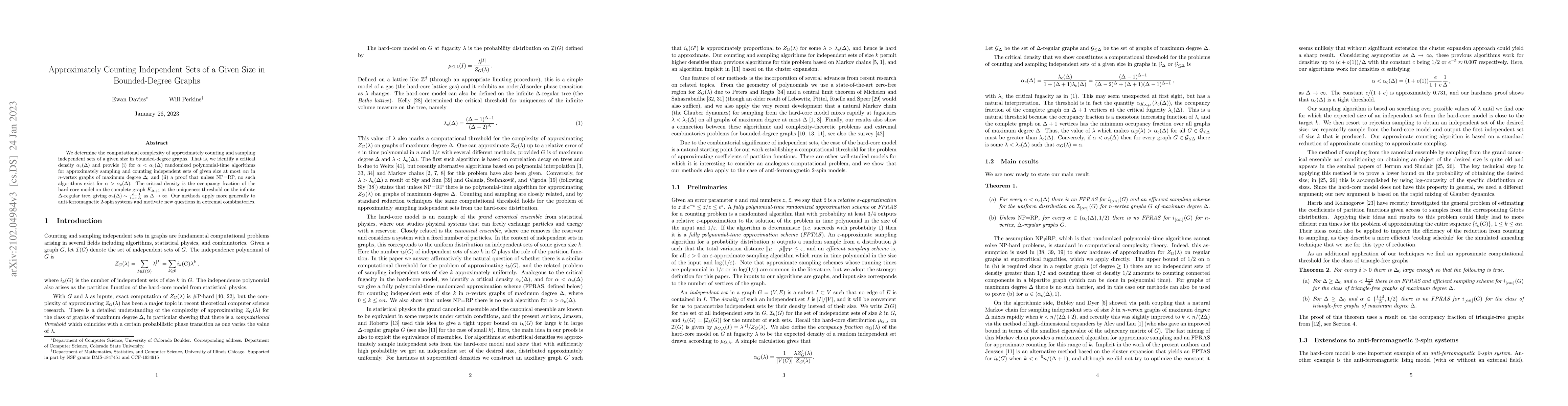 Thumbnail for Approximately counting independent sets of a given size in
  bounded-degree graphs