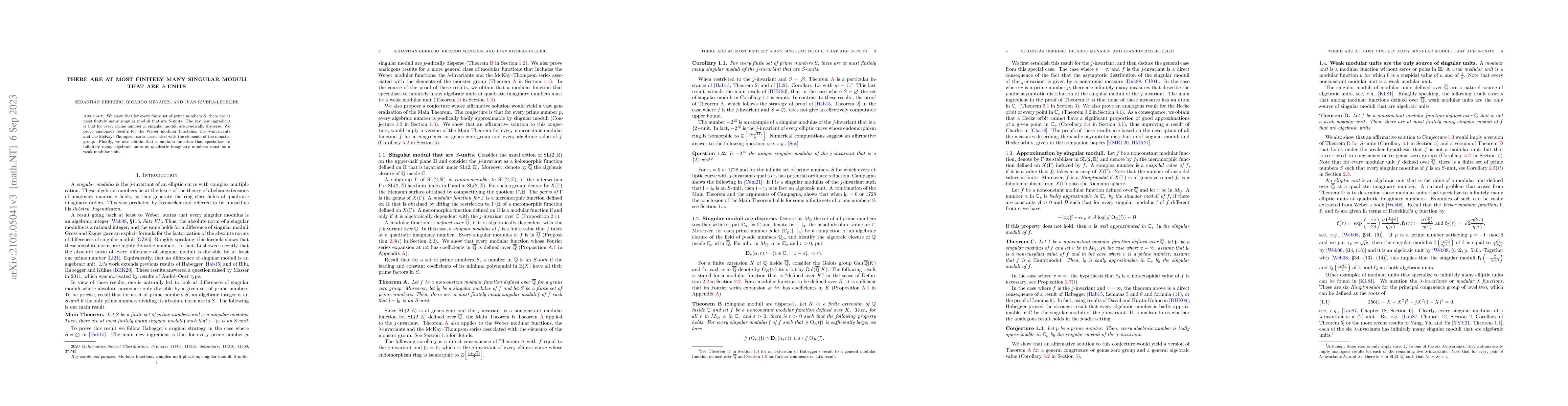 Thumbnail for There are at most finitely many singular moduli that are S-units