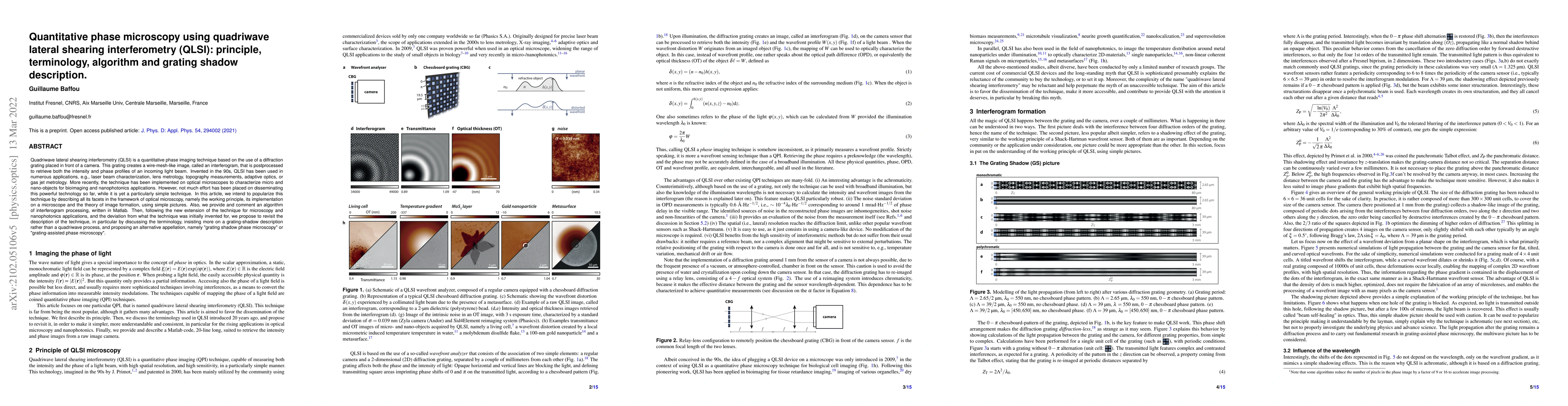 Thumbnail for Quantitative phase microscopy using quadriwave lateral shearing
  interferometry (QLSI): principle, terminology, algorithm and grating shadow
  description
