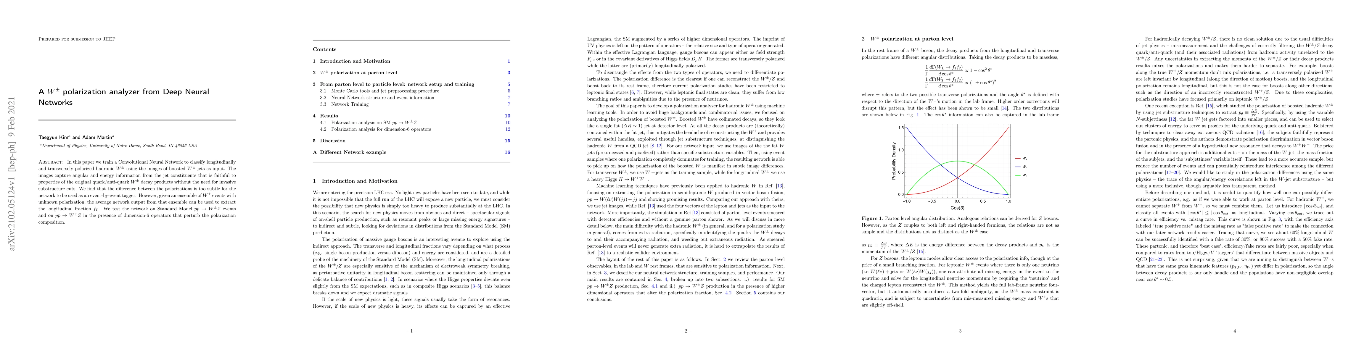 Thumbnail for A $W^\pm$ polarization analyzer from Deep Neural Networks