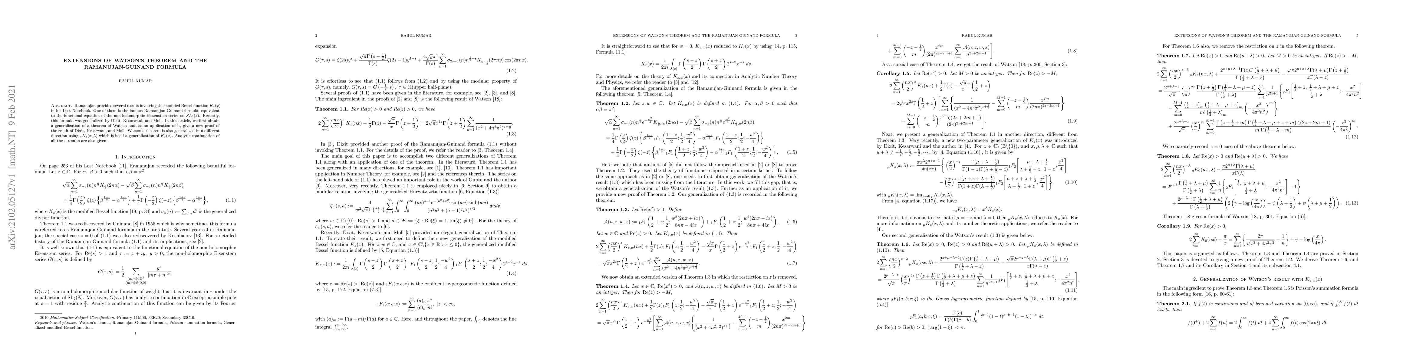 Thumbnail for Extensions of Watson's theorem and the Ramanujan-Guinand formula