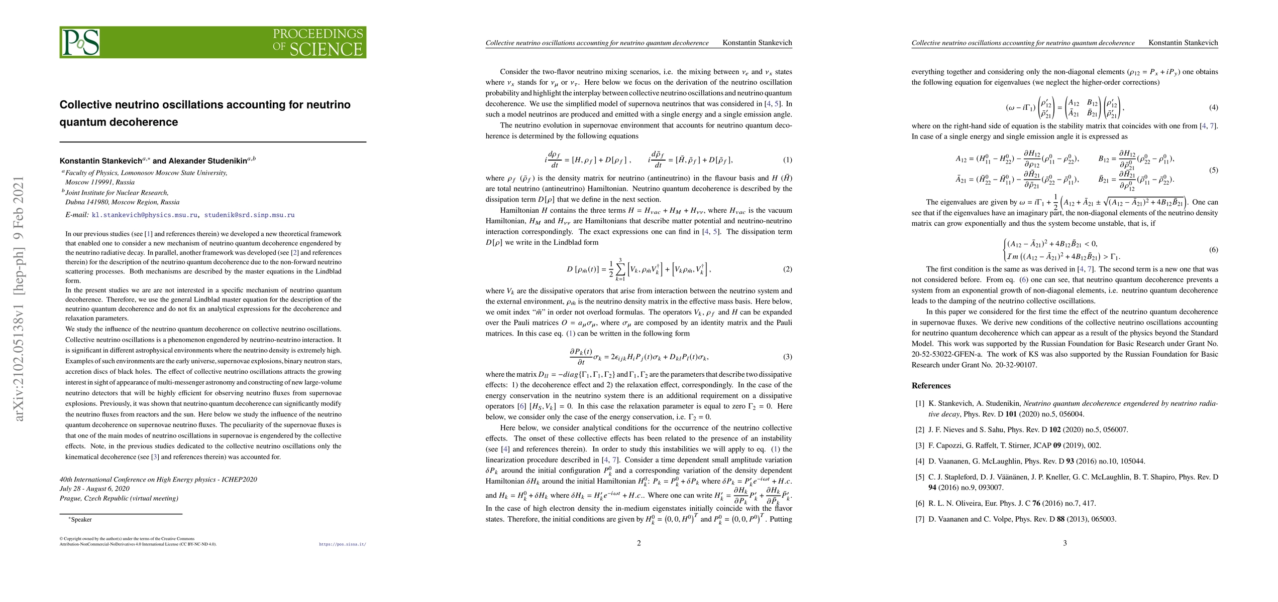 Thumbnail for Collective neutrino oscillations accounting for neutrino quantum
  decoherence