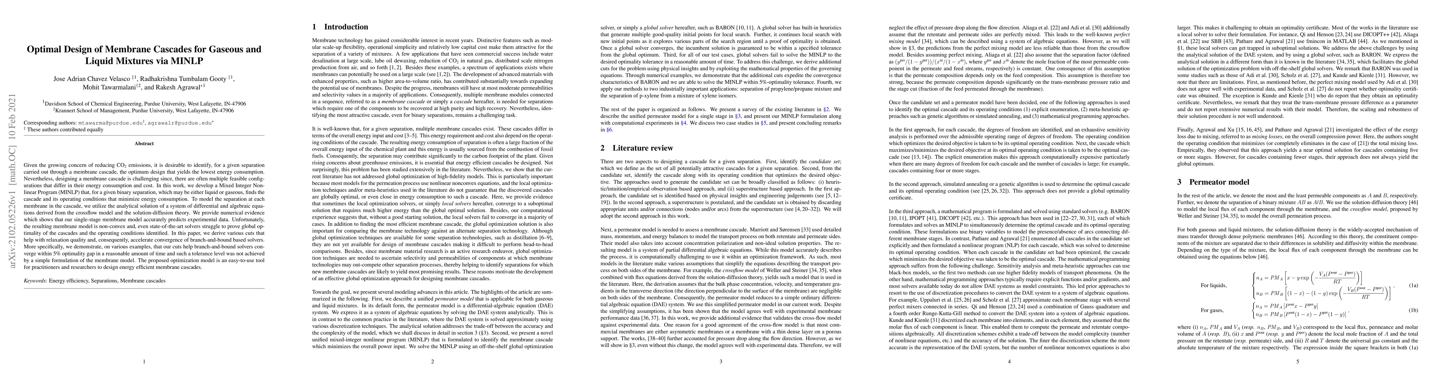 Thumbnail for Optimal Design of Membrane Cascades for Gaseous and Liquid Mixtures via
  MINLP