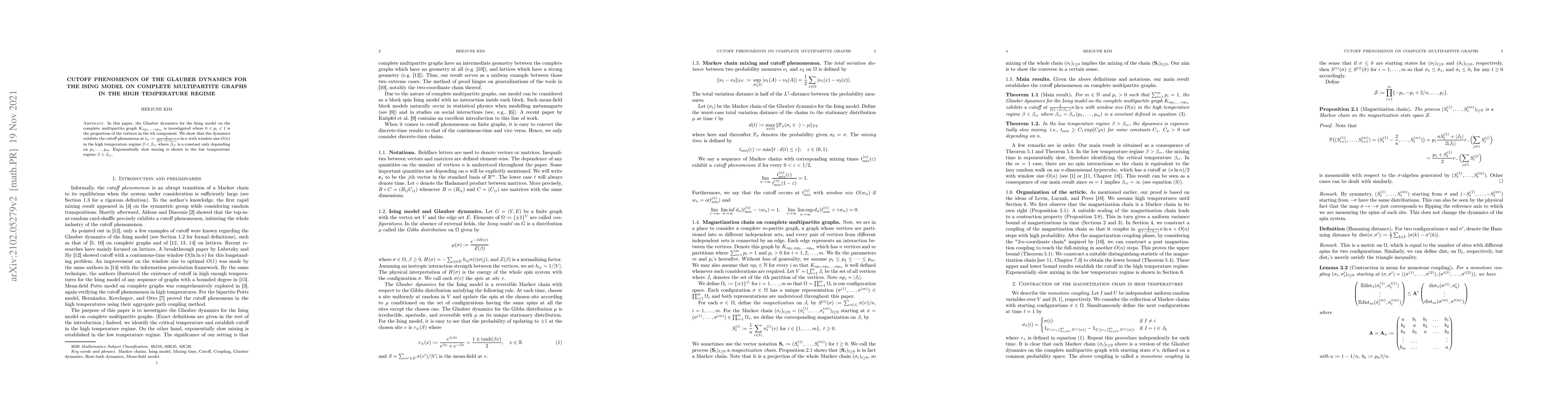 Thumbnail for Cutoff phenomenon of the Glauber dynamics for the Ising model on
  complete multipartite graphs in the high temperature regime