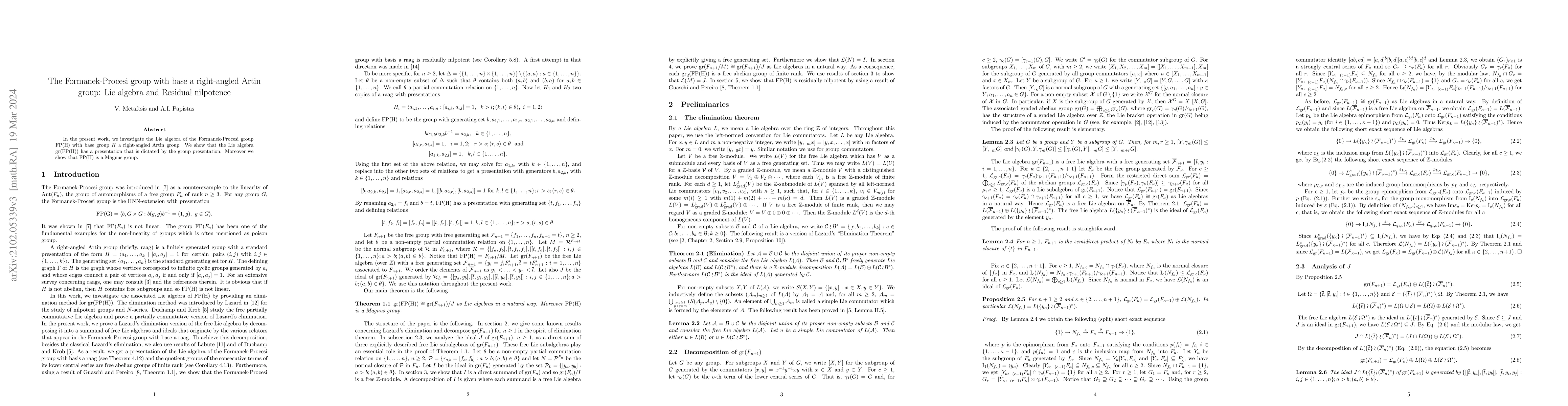 Thumbnail for The Formanek-Procesi group with base a right-angled Artin group:
  Residual nilpotence and Lie algebra