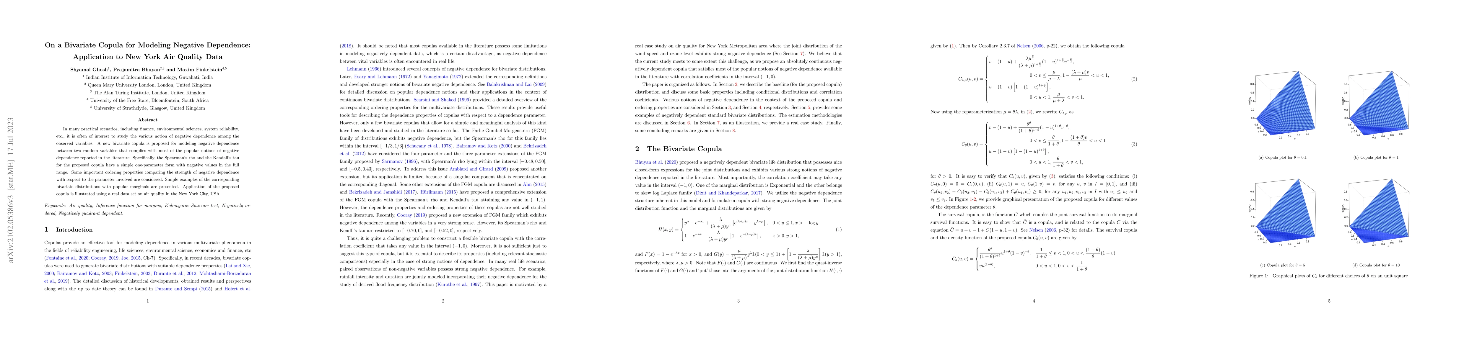 Thumbnail for On a Bivariate Copula for Modeling Negative Dependence: Application to
  New York Air Quality Data