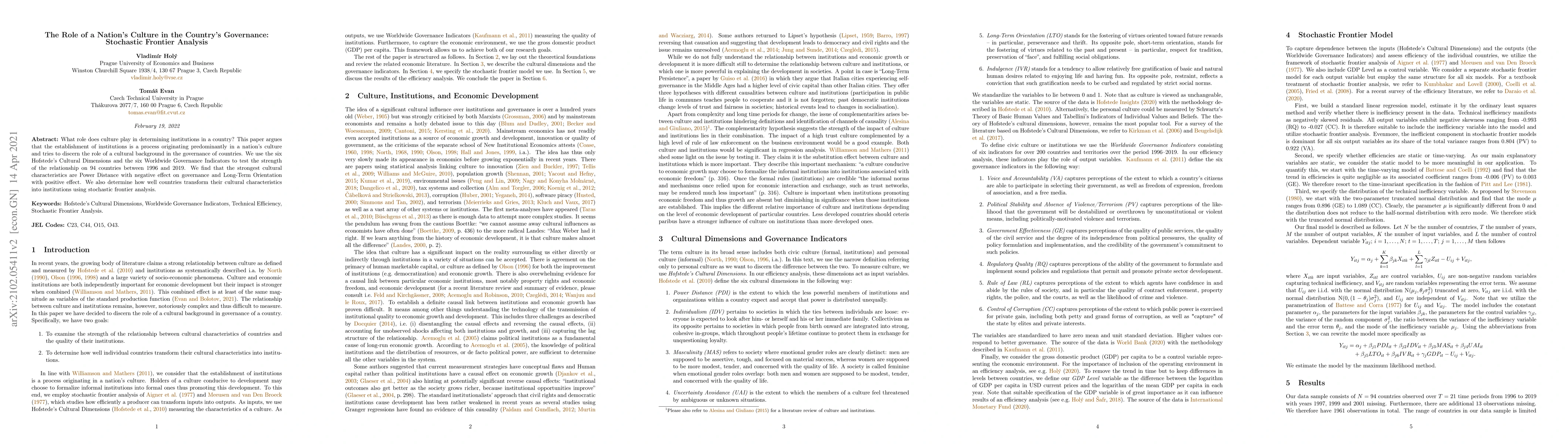 Thumbnail for The Role of a Nation's Culture in the Country's Governance: Stochastic
  Frontier Analysis