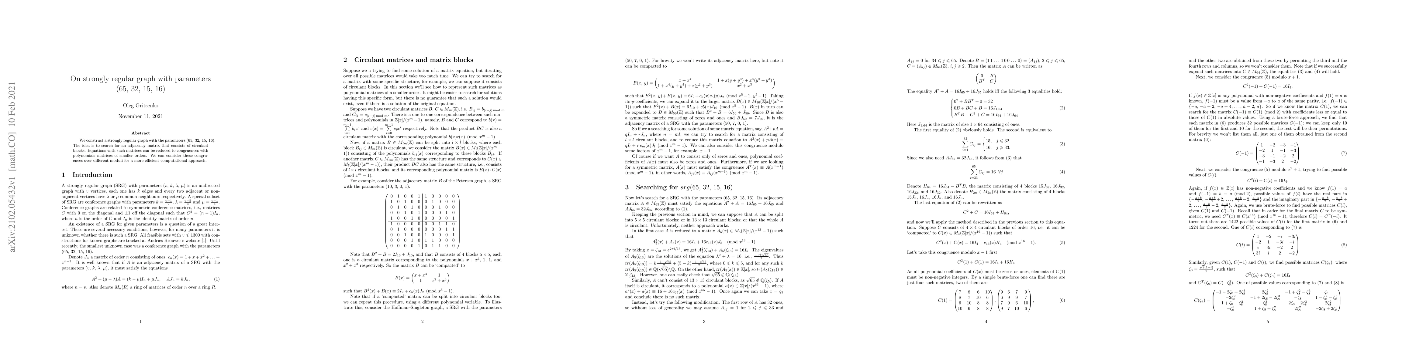 Thumbnail for On strongly regular graph with parameters (65; 32; 15; 16)