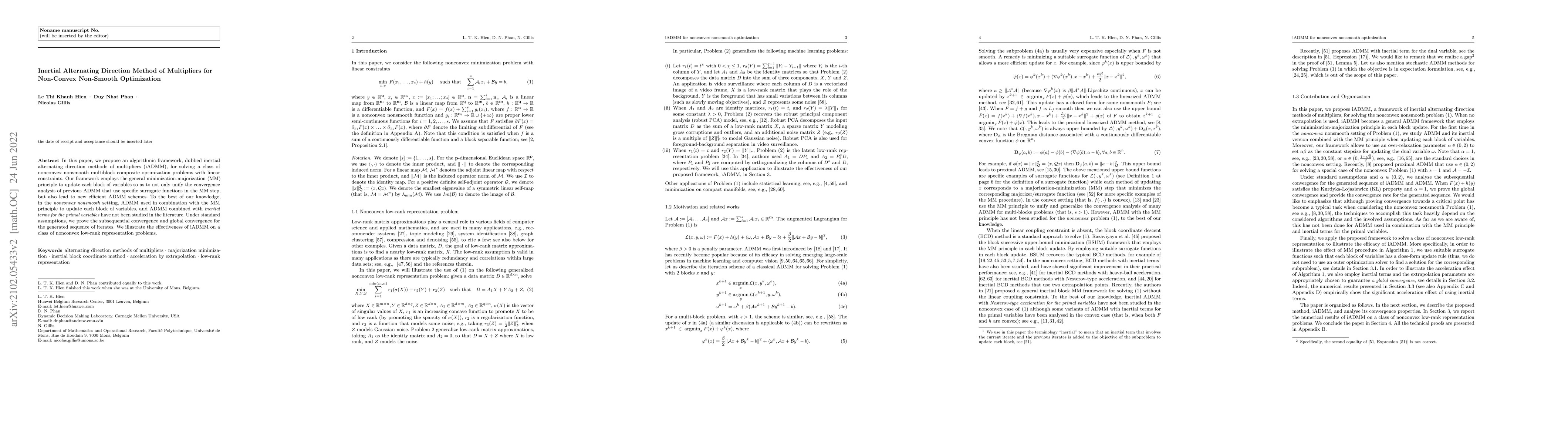 Thumbnail for A Framework of Inertial Alternating Direction Method of Multipliers for
  Non-Convex Non-Smooth Optimization