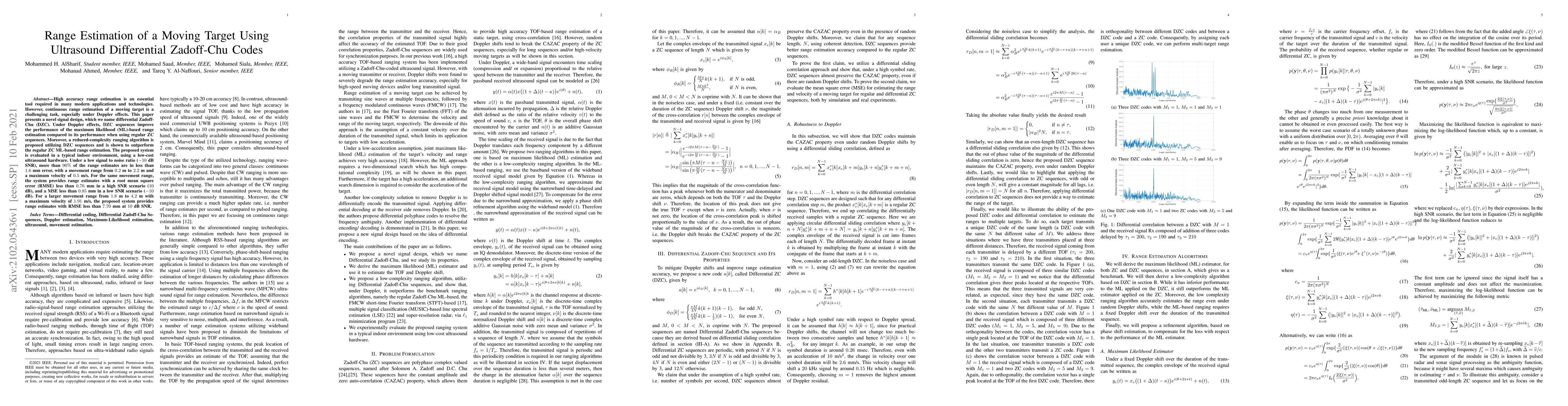 Thumbnail for Range Estimation of a Moving Target Using Ultrasound Differential
  Zadoff-Chu Codes
