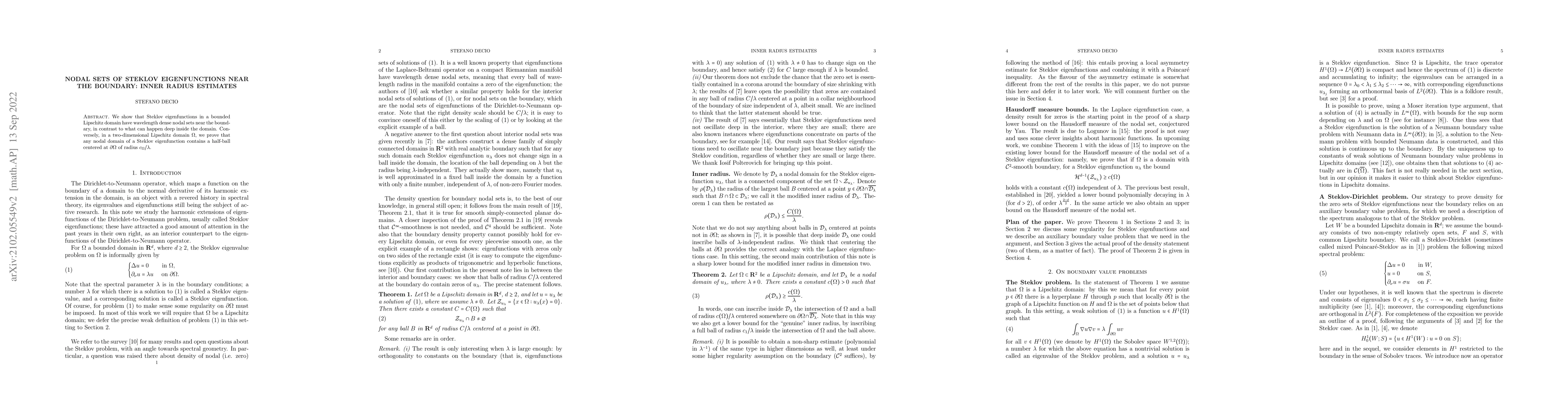 Thumbnail for Nodal sets of Steklov eigenfunctions near the boundary: Inner radius
  estimates