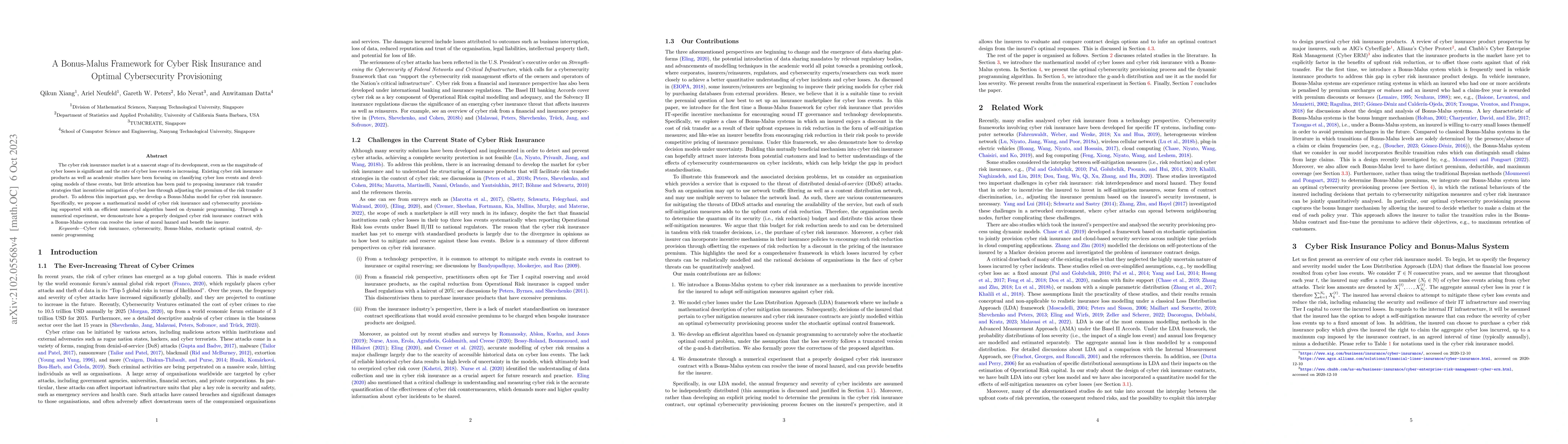 Thumbnail for A Bonus-Malus Framework for Cyber Risk Insurance and Optimal
  Cybersecurity Provisioning