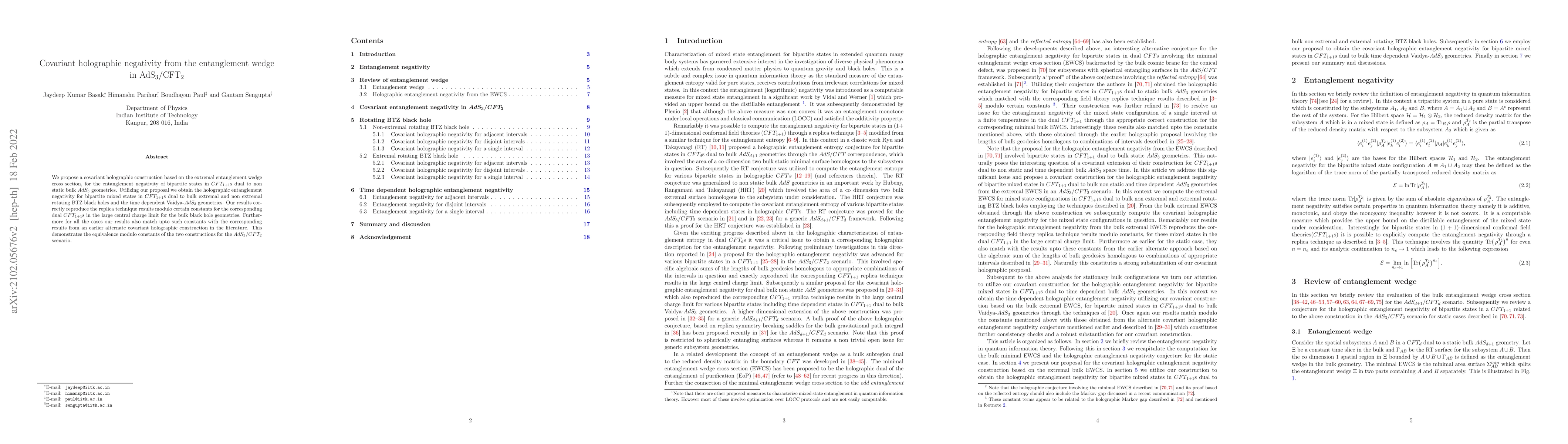 Thumbnail for Covariant holographic negativity from the entanglement wedge in
  AdS$_3/$CFT$_2$