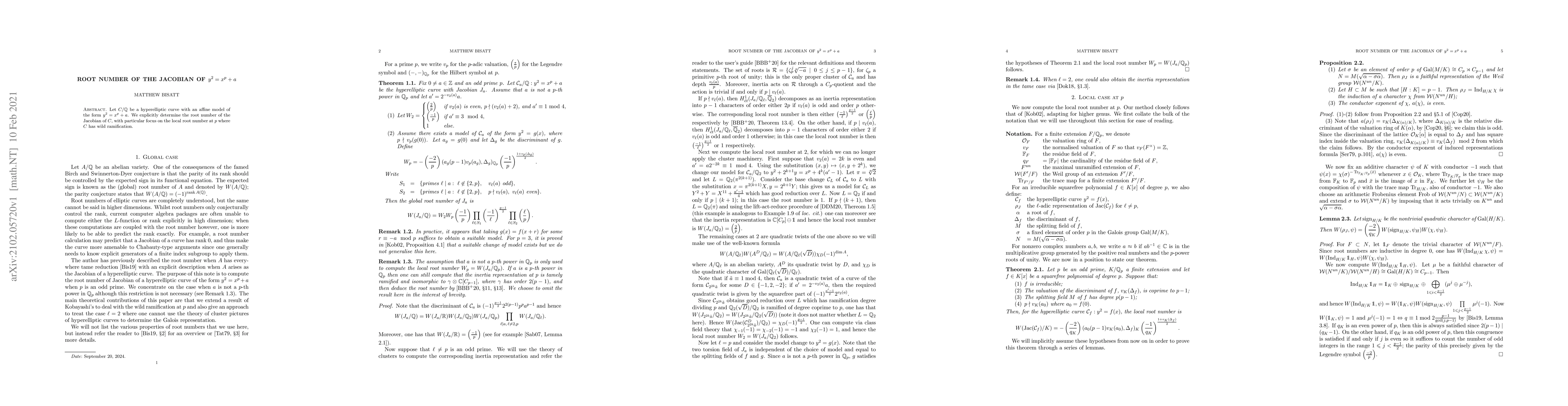 Thumbnail for Root number of the Jacobian of $y^2=x^p+a$