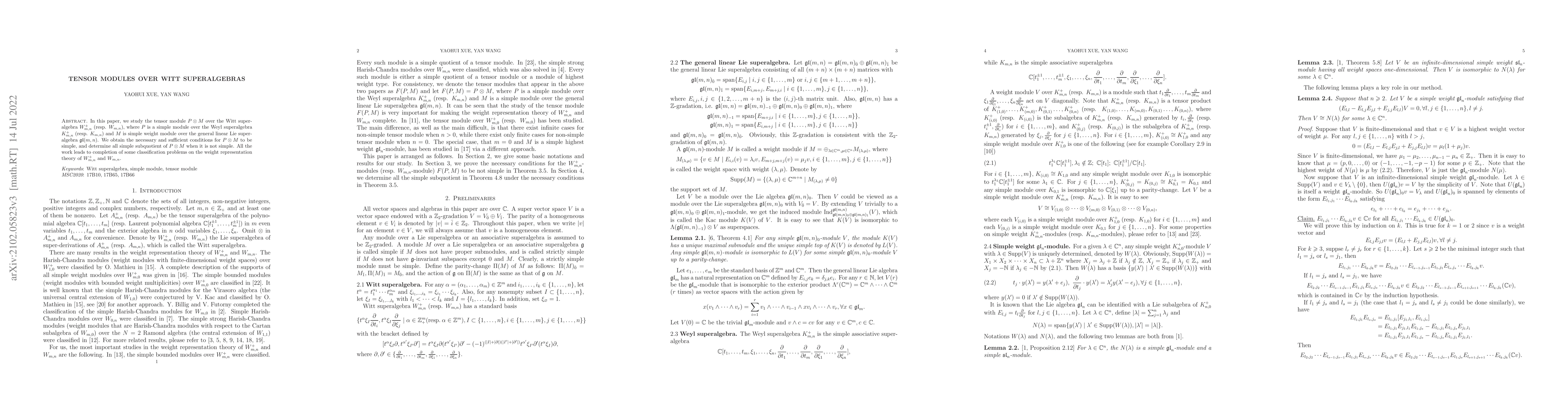 Thumbnail for Tensor modules over Witt superalgebras