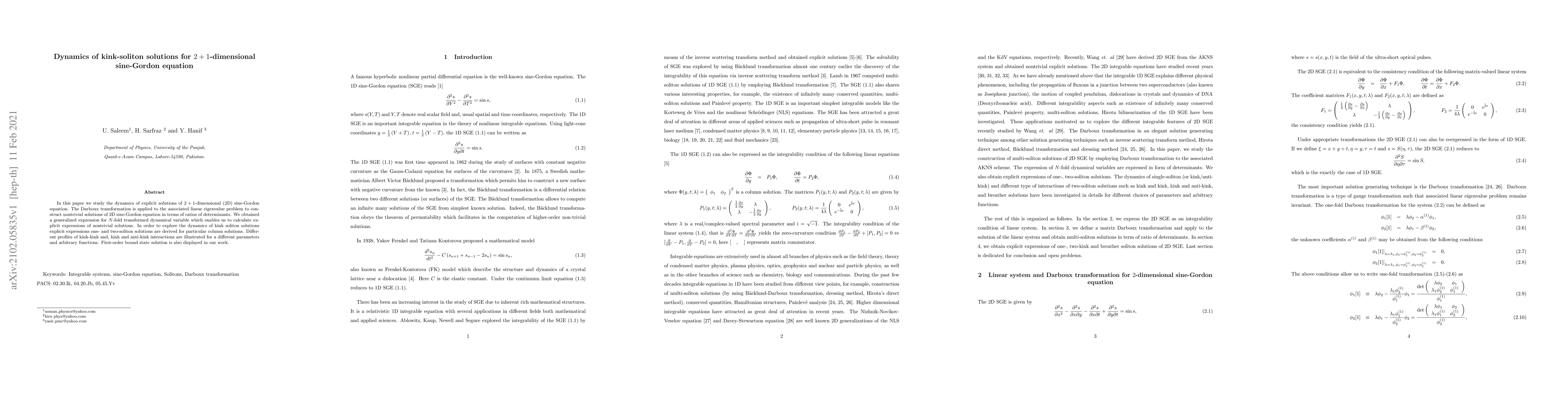 Thumbnail for Dynamics of kink-soliton solutions for $2+1$-dimensional sine-Gordon
  equation