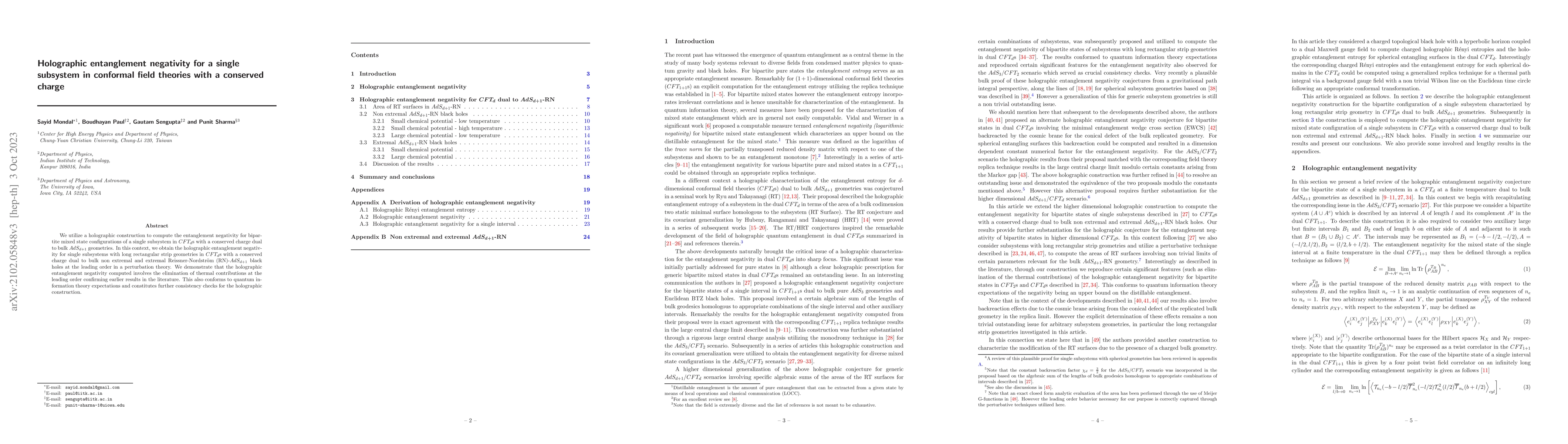 Thumbnail for Holographic entanglement negativity for a single subsystem in conformal
  field theories with a conserved charge