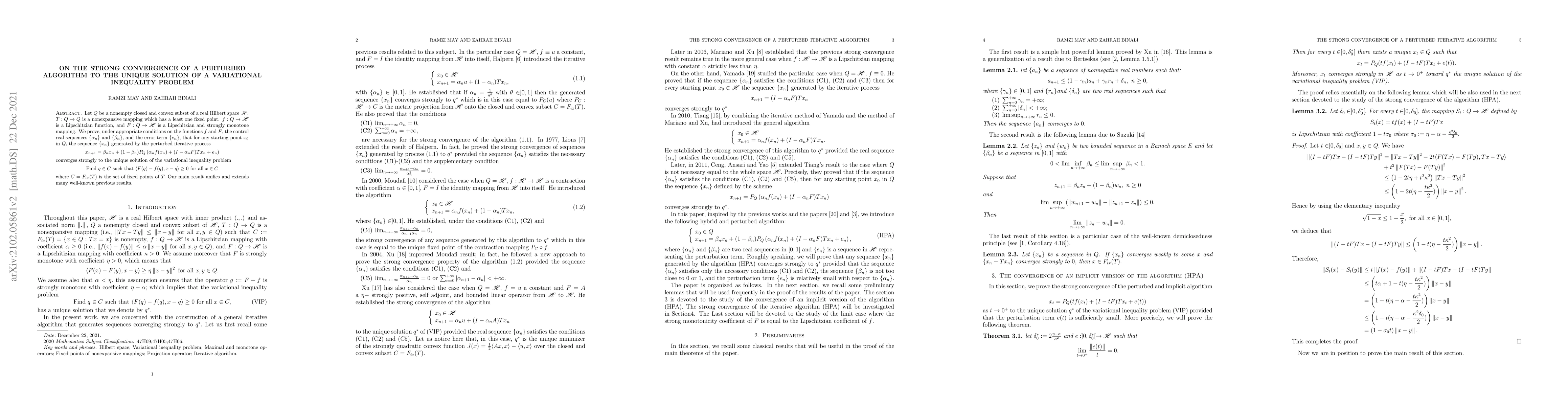 Thumbnail for On the strong convergence of a perturbed algorithm to the unique
  solution of a variational inequality problem