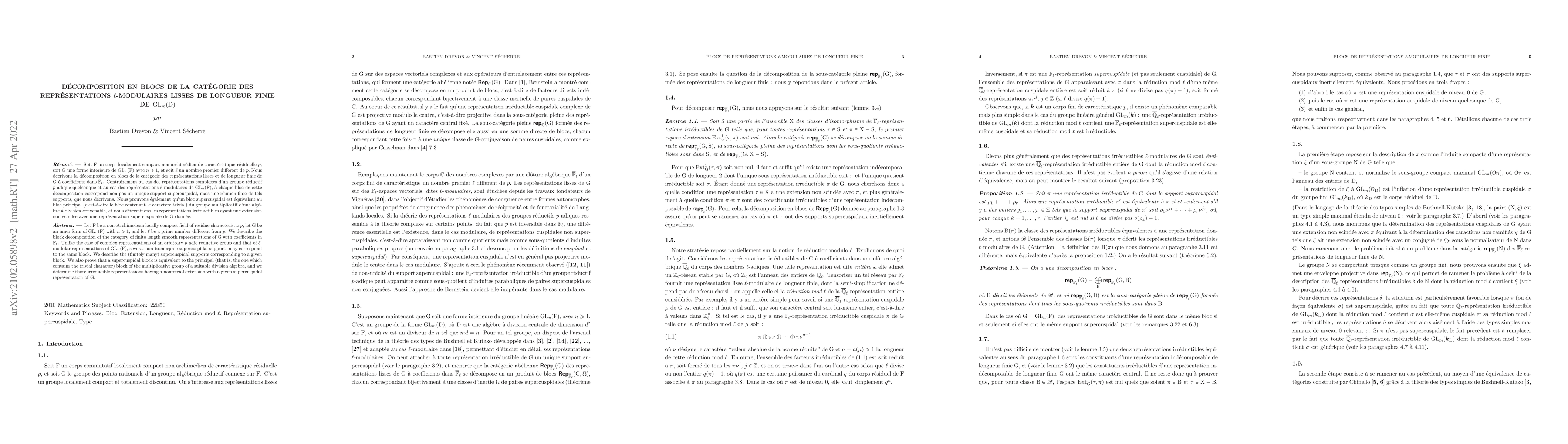 Thumbnail for Block decomposition of the category of l-modular smooth representations
  of finite length of GL(m,D)
