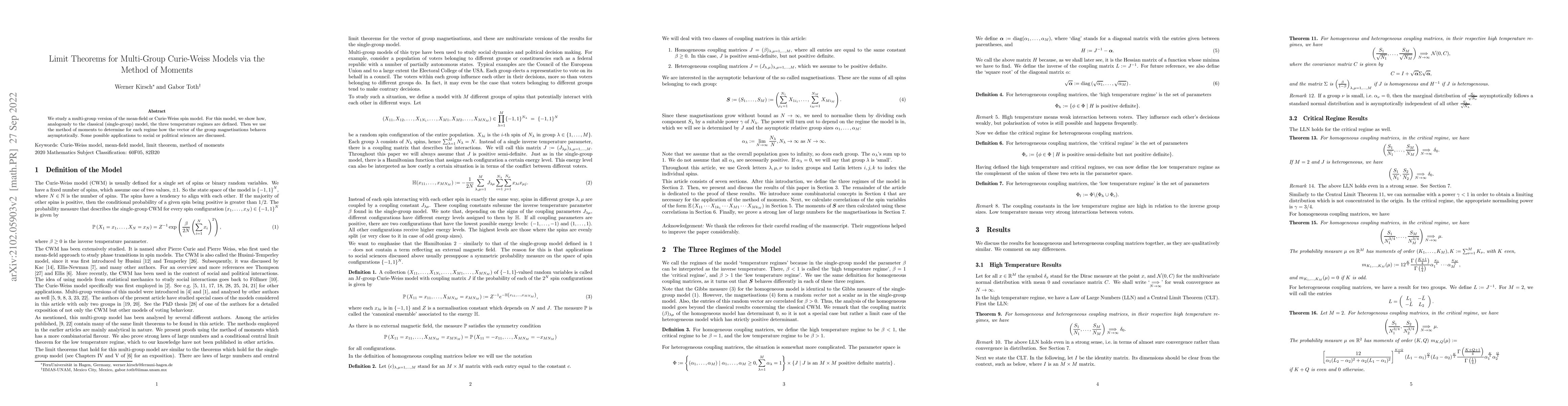 Thumbnail for Limit Theorems for Multi-Group Curie-Weiss Models via the Method of
  Moments