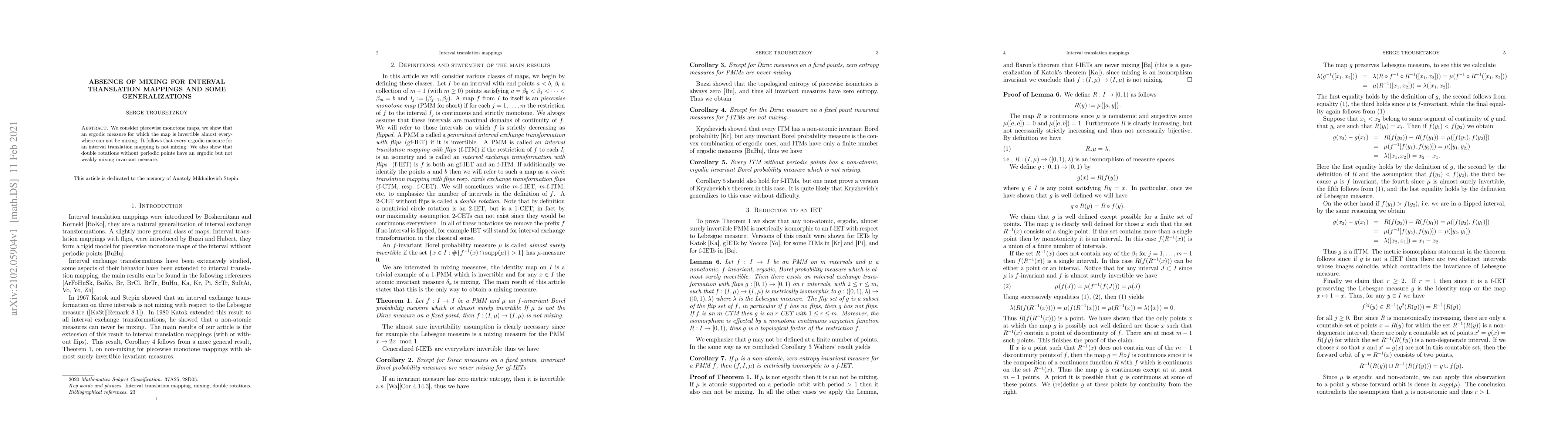 Thumbnail for Absence of mixing for interval translation mappings and some
  generalizations