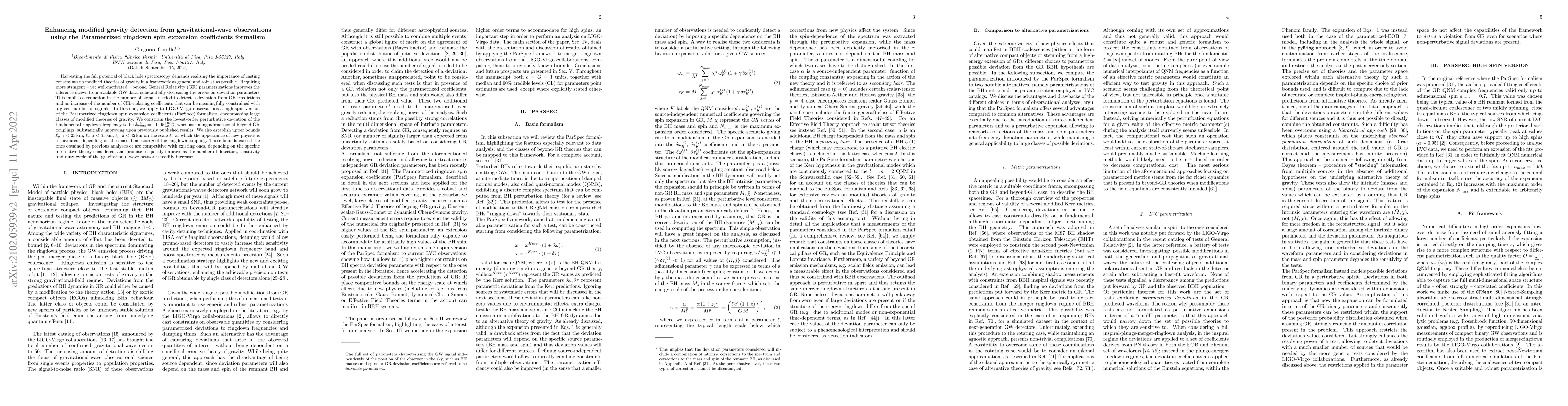 Thumbnail for Enhancing modified gravity detection from gravitational-wave
  observations using the Parametrized ringdown spin expansion coefficients
  formalism