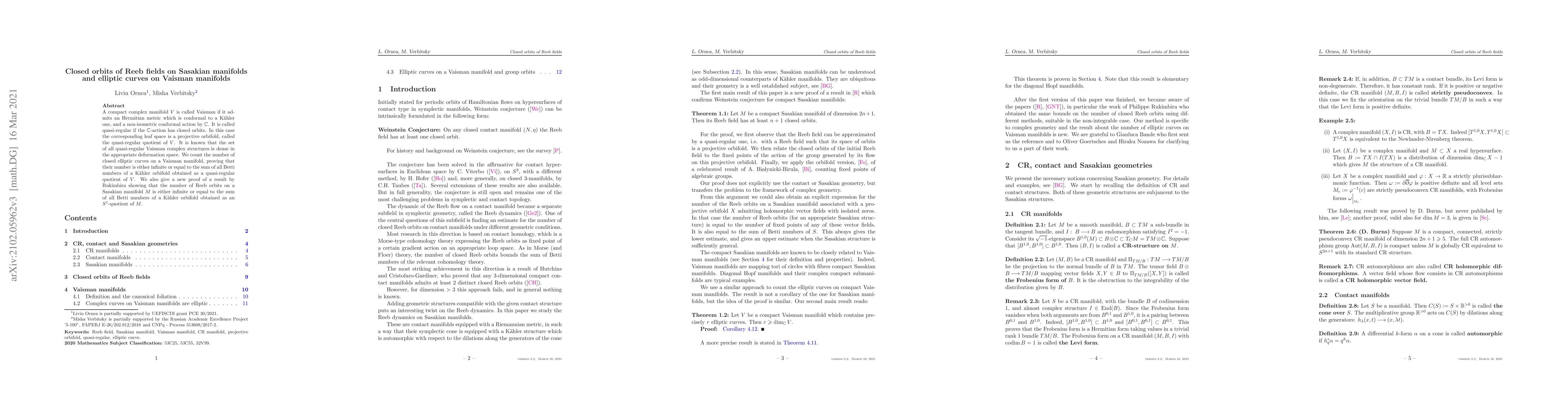 Thumbnail for Closed orbits of Reeb fields on Sasakian manifolds and elliptic curves
  on Vaisman manifolds