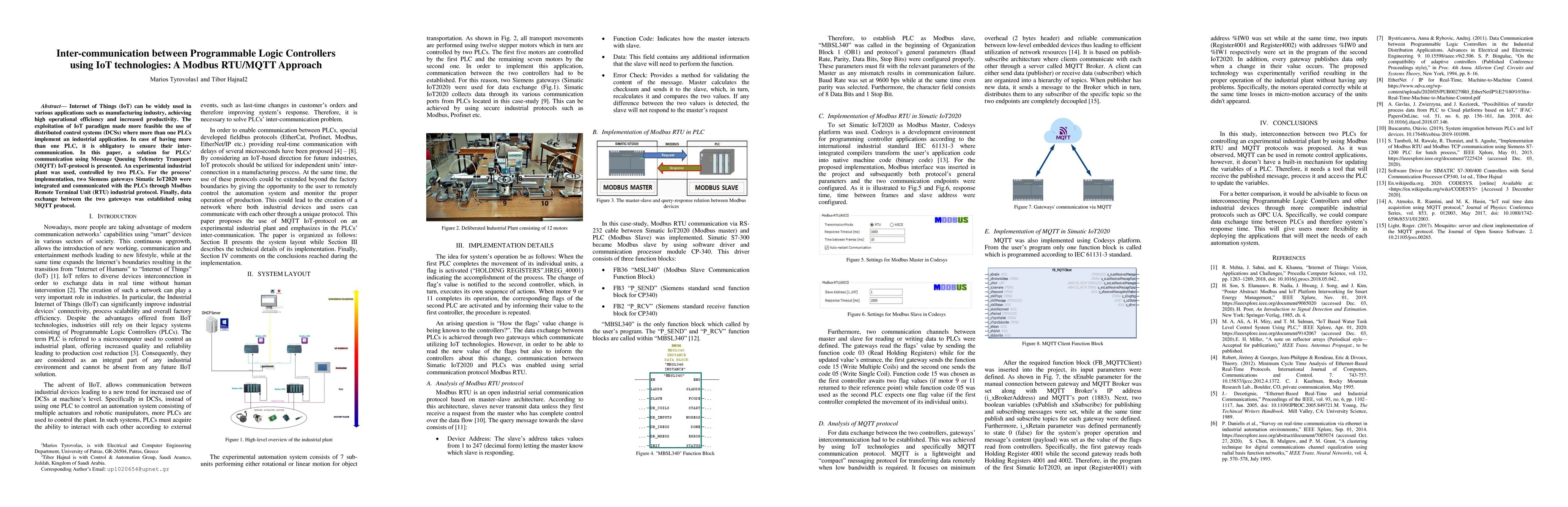 Thumbnail for Inter-communication between Programmable Logic Controllers using IoT
  technologies: A Modbus RTU/MQTT Approach